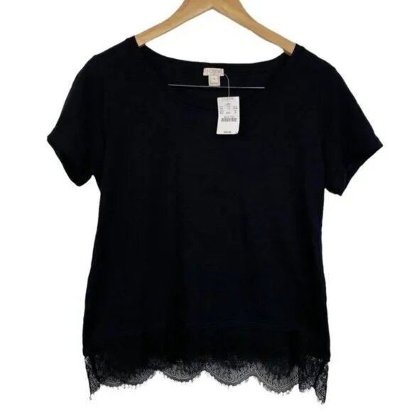 NWT J. CREW WOMEN'S BLACK SHORT SLEEVE LACE SCALLOPED HEM TOP MEDIUM - Picture 1 of 4